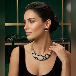 Signed Nina Ricci Paris Vintage Black Enamel & Crystal Pave Jewelry Set